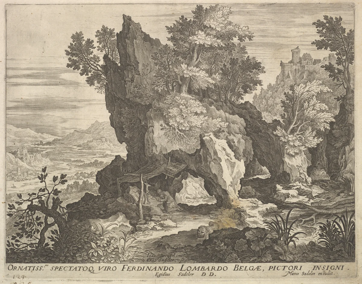 Rocky Landscape with St. Jerome by Aegidius Sadeler II, print, 1568-1629
