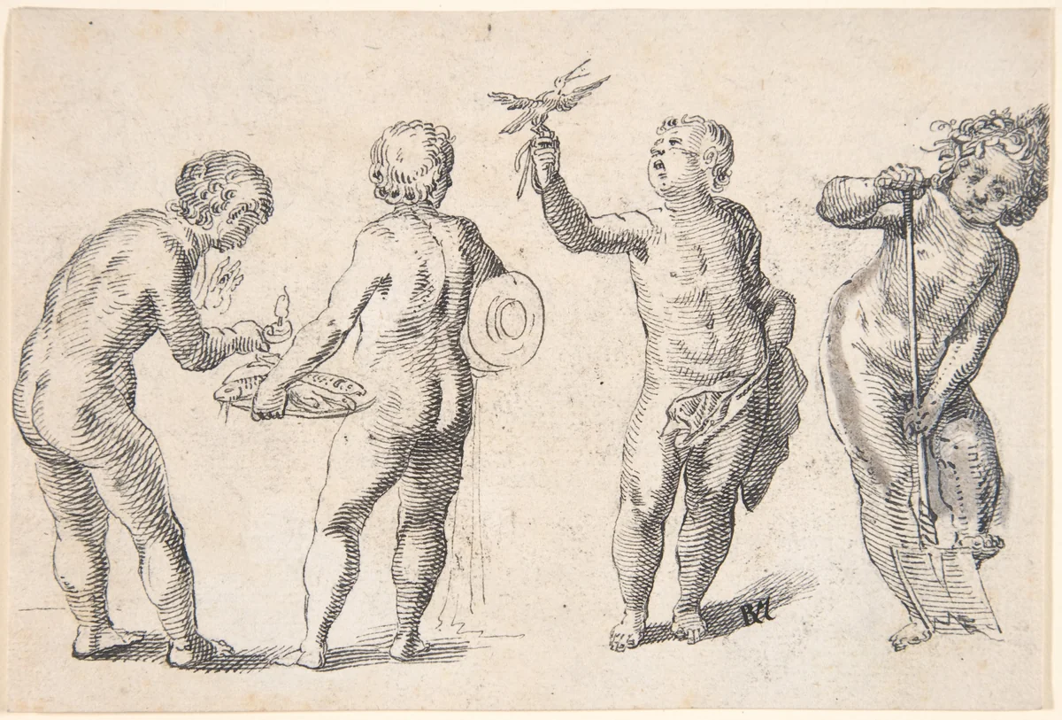 Four Putti representing the Four Elements by Rudolf Meyer, drawing, 1605-1638
