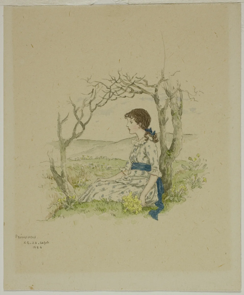 Seated Girl with Primroses by Kate Greenaway, painting, 1886