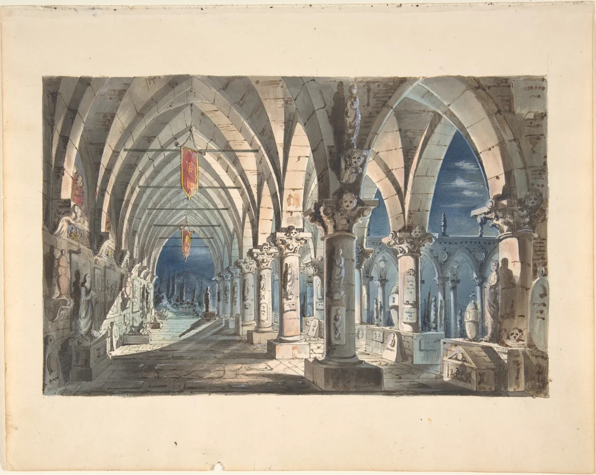 Design for a Stage Set: Cloister at Night by anonymous, drawing, 1830-1840