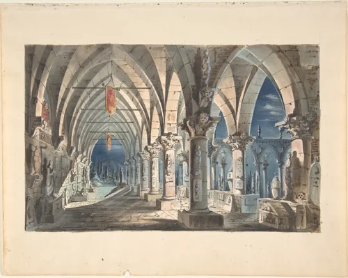 Design for a Stage Set: Cloister at Night by anonymous, drawing, 1830-1840