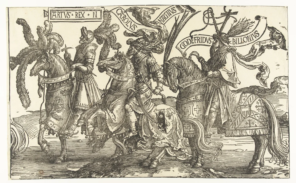 De helden koning Arthur, Karel de Grote en Godfried van Bouillon by Lucas van Leyden, print, 1518-1522
