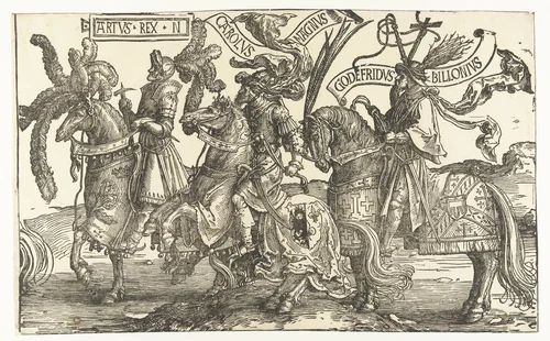 De helden koning Arthur, Karel de Grote en Godfried van Bouillon by Lucas van Leyden, print, 1518-1522