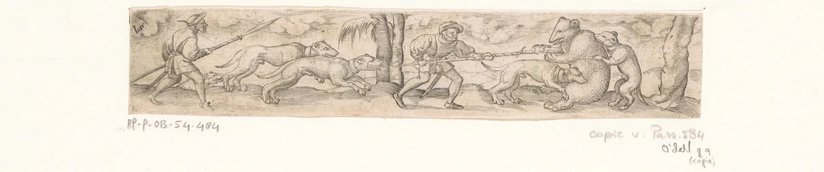 Berenjacht met twee jagers en vier honden by anonymous, print, 1524-1612