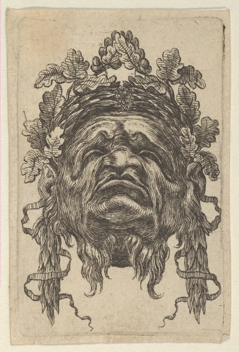Mask with a Wreath of Laurels and a Wreath of Oak Leaves, Seen from Below, from "Divers Masques" by François Chauveau, print, 1630-1650