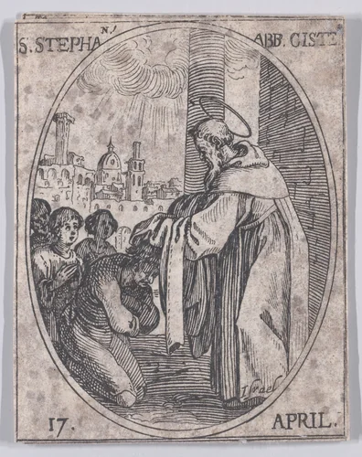 S. Etienne, abbé de Citeaux (St. Stephen, Abbot of Citeaux), April 17th, from "Les Images De Tous Les Saincts et Saintes de L'Année" (Images of All of the Saints and Religious Events of the Year) by Jacques Callot, print, 1636