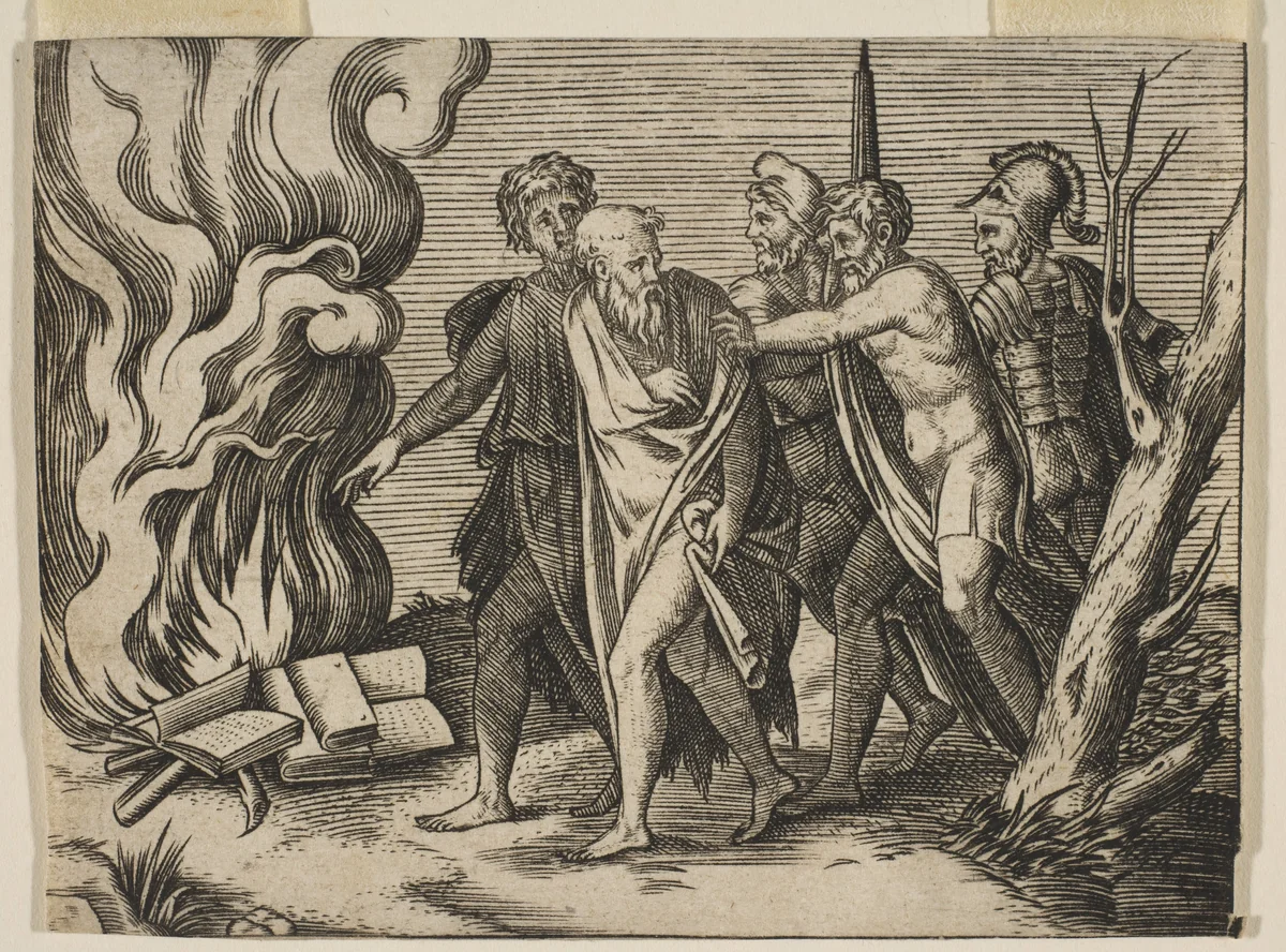 A group of men at right pushing philosophers toward a fire with burning books at the left by Marco Dente, print, 1510-1532