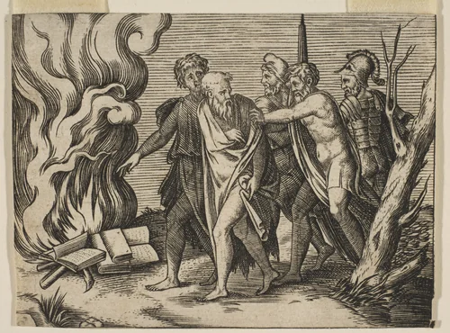 A group of men at right pushing philosophers toward a fire with burning books at the left by Marco Dente, print, 1510-1532