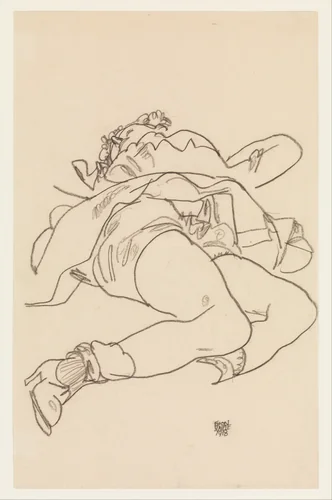Reclining Woman with Raised Skirt by Egon Schiele, drawing, 1918