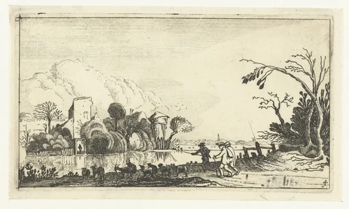 Herder met geiten en schapen bij een rivier by anonymous, print, 1610-1650