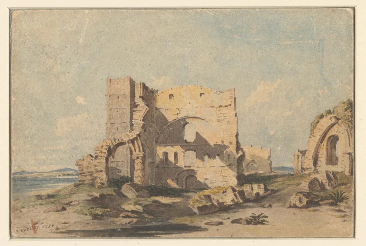 Lindisfarne Abbey op Holy Island, Northumberland by John Varley, drawing, 1830