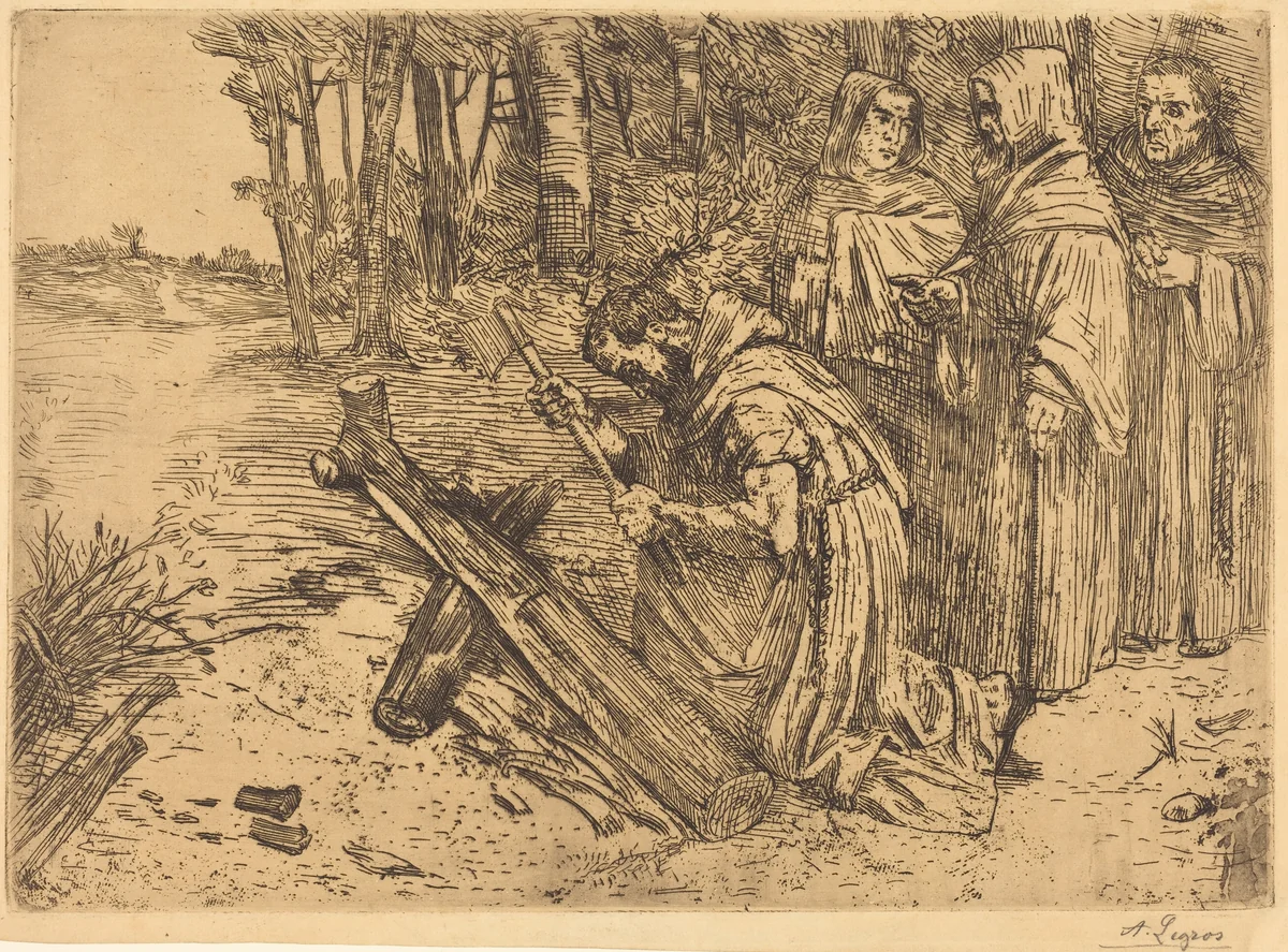 Monks Chopping Wood (Les moines bucherons) by Alphonse Legros, print, 1837-1911