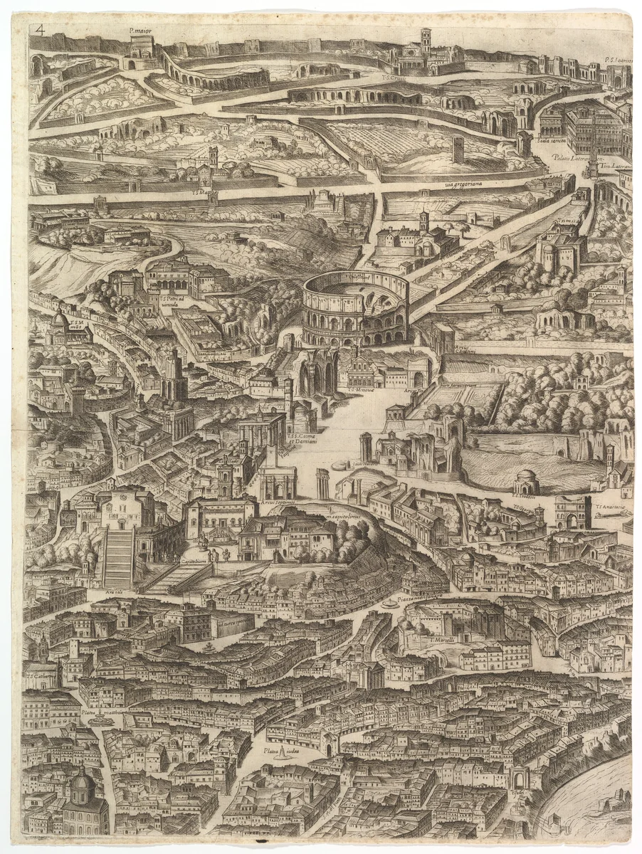 Plan of the City of Rome. Part 4 with the Santa Maria in Aracoeli, the Forum Romanum, the Colosseum and the Lateran Palace. by Antonio Tempesta, print, 1645