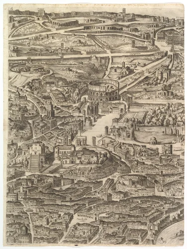 Plan of the City of Rome. Part 4 with the Santa Maria in Aracoeli, the Forum Romanum, the Colosseum and the Lateran Palace. by Antonio Tempesta, print, 1645