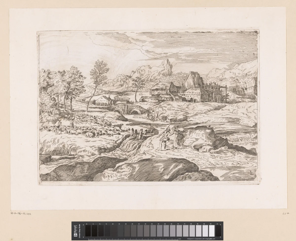 Landschap met rivier en cascade op de voorgrond by anonymous, print, 1634-1679