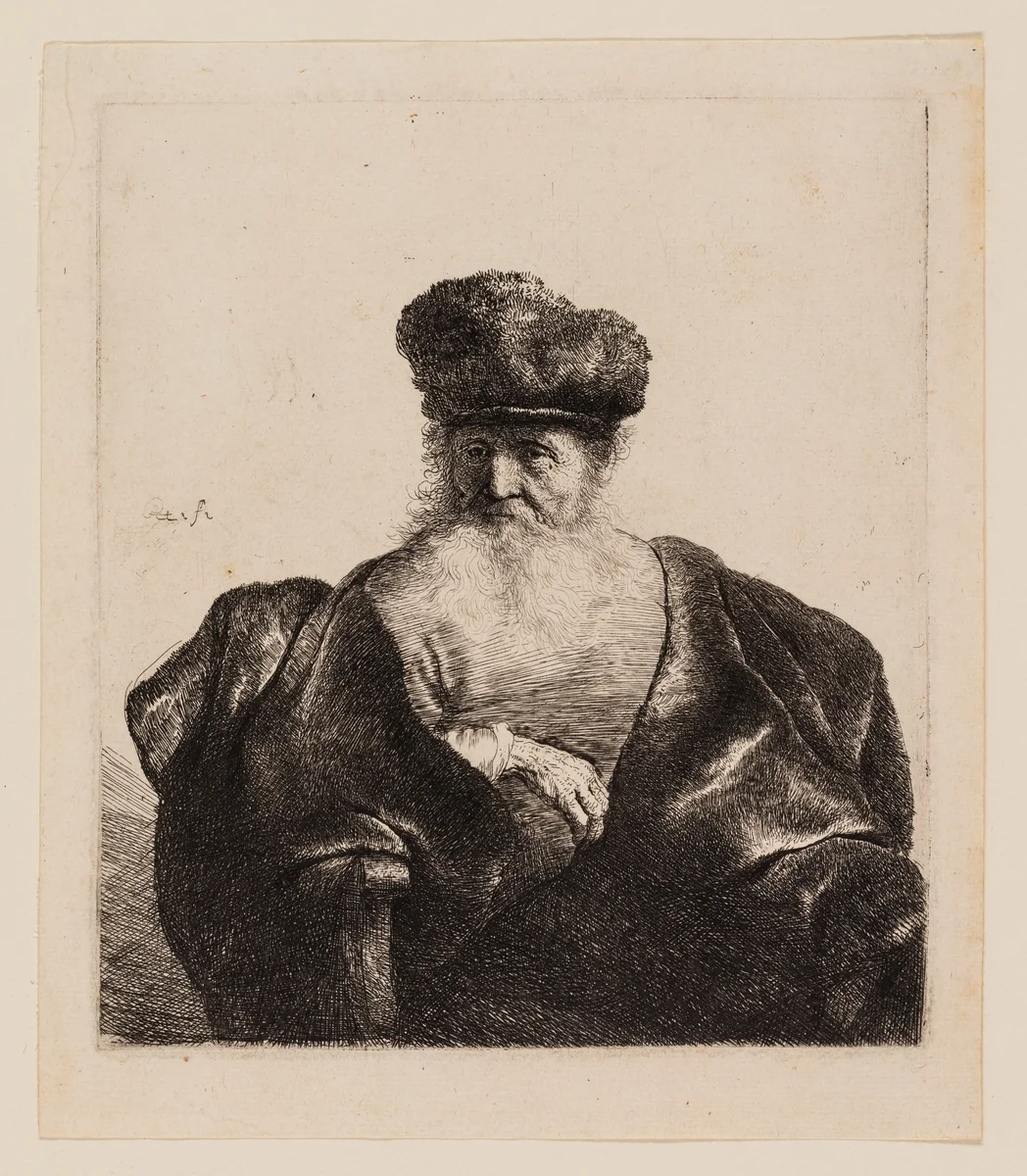 Old Man with Beard, Fur Cap, and Velvet Cloak by Rembrandt van Rijn, print, 1626-1636