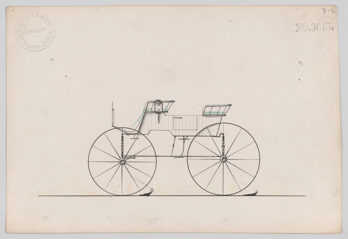 Design for 4 seat Phaeton, no top, no. 3015a by Brewster & Co., drawing, 1874