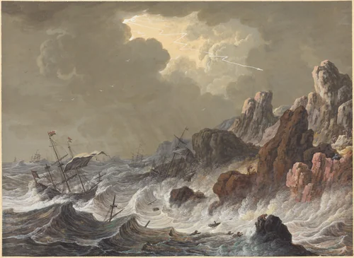 Storm-Tossed Ships Wrecked on a Rocky Coast by Johann Christoph Dietzsch, drawing, 1710-1769