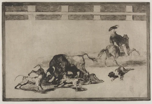 Bullfights: They Loose Dogs on the Bull by Francisco de Goya, print, 1816-1876