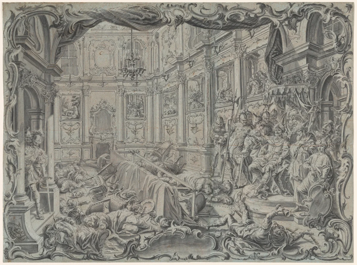 Absalom Orders the Murder of Amnon at a Feast in His Palace by Vitus Felix Rigl, drawing, 1760-1769