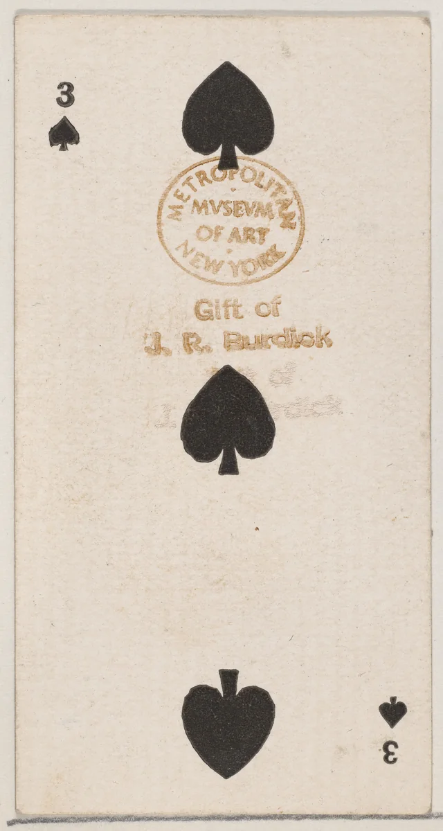 Three Spades (black), from the Playing Cards series (N84) for Duke brand cigarettes by W. Duke, Sons & Co., print, 1888
