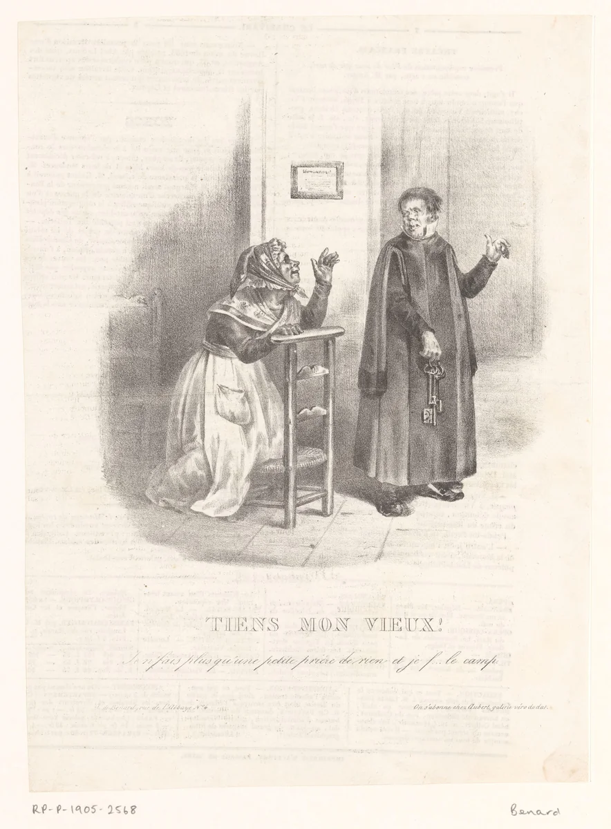 Karikatuur van een koster die een oude vrouw wegjaagt by anonymous, other, 1832-1850