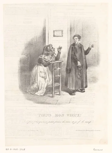Karikatuur van een koster die een oude vrouw wegjaagt by anonymous, other, 1832-1850