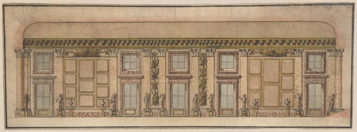 Elevation of the Gallery in the Palazzo Doria-Pamphilj, Rome by anonymous, drawing, 1645-1655