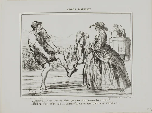 “- What? you are pressing the grapes with your feet?… - Sure, and it's not dirty at all… since I took off my shoes!,” plate 1 from Croquis D'automne by Honoré-Victorin Daumier, print, 1858