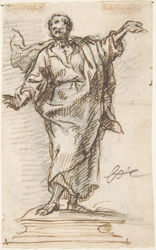 Male Saint (an Apostle?) Standing on a Pedestal with Arms Extended (recto); Standing or Kneeling Male Saint (verso) by Pedro Duque Cornejo, drawing, 1695-1755