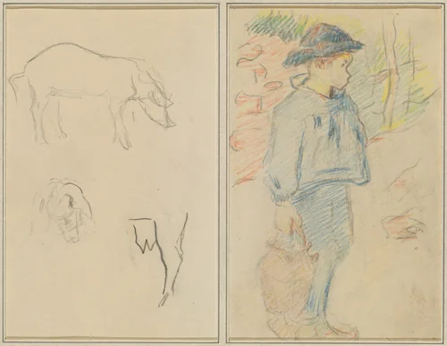 Three Studies of a Pig; Breton Boy Walking with a Jug [recto] by Paul Gauguin, drawing, 1884-1888