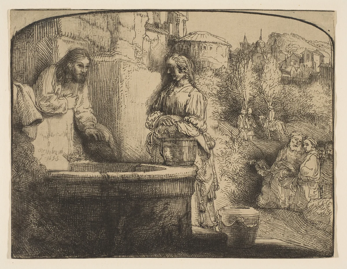 Christ and the Woman of Samaria: an Arched Print by Rembrandt van Rijn, print, 1658