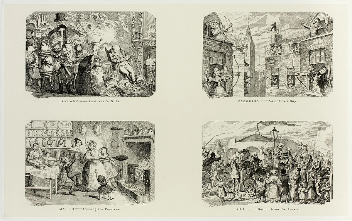 January – Last Year's Bills from George Cruikshank's Steel Etchings to The Comic Almanacks: 1835-1853 (top left) by George Cruikshank, print, 1837