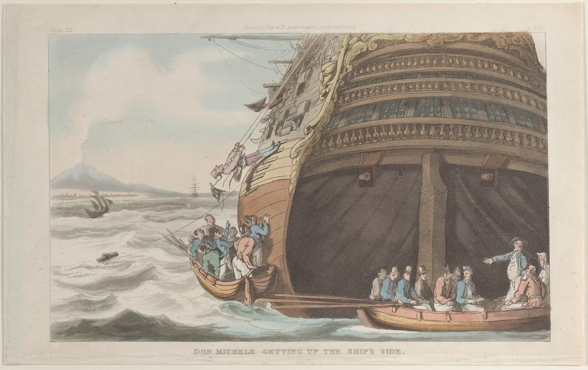 Don Michele Getting Up the Ship's Side by Thomas Rowlandson, print, 1815