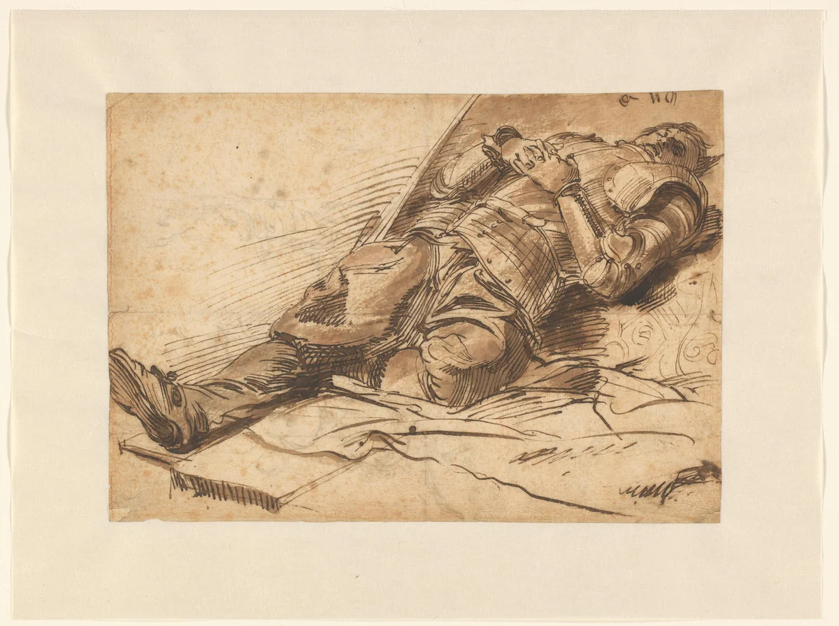 Op de rug liggende krijgsman in harnas, met gevouwen handen by anonymous, drawing, 1600-1699