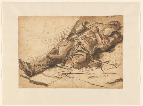 Op de rug liggende krijgsman in harnas, met gevouwen handen by anonymous, drawing, 1600-1699