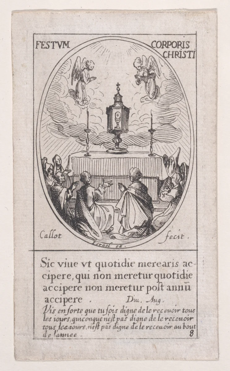 Le Saint-Sacrement de l'autel (The Holy Sacrament of the Altar), Feast of Corpus Christi, scene 8 from Images des Fêtes Mobiles (Images of Moveable Feasts from the Christian Calendar), part of "Les Images De Tous Les Saincts et Saintes de L'Année" (Images of All of the Saints and Religious Events of the Year) by Jacques Callot, print, 1627-1637