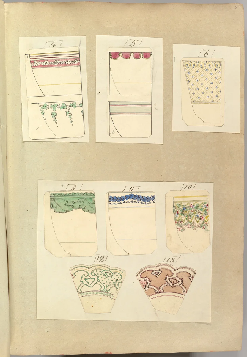 Eight Designs for Decorated Cups and Two Designs for Plate Rims by Alfred Forrester, drawing, 1845-1855