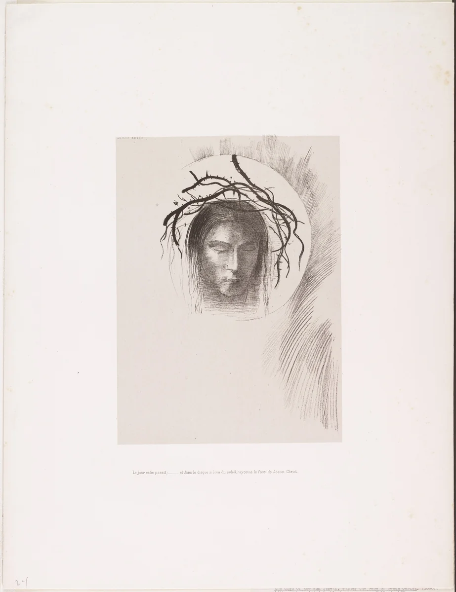 Day Appears At Last, . . . and in the Very Disk of the Sun Shines the Face of Jesus Christ (Le Jour enfin paraît . . . et dans le disque même du soleil, rayonne la face du Jésus-Christ) from The Temptation of Saint Anthony (La Tentation de Saint-Antoine) by Odilon Redon, print, 1896
