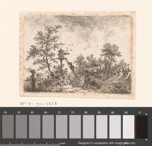 Man met kruiwagen en vrouw op een ladder bij een duiventil by Sauveur Legros, print, 1796