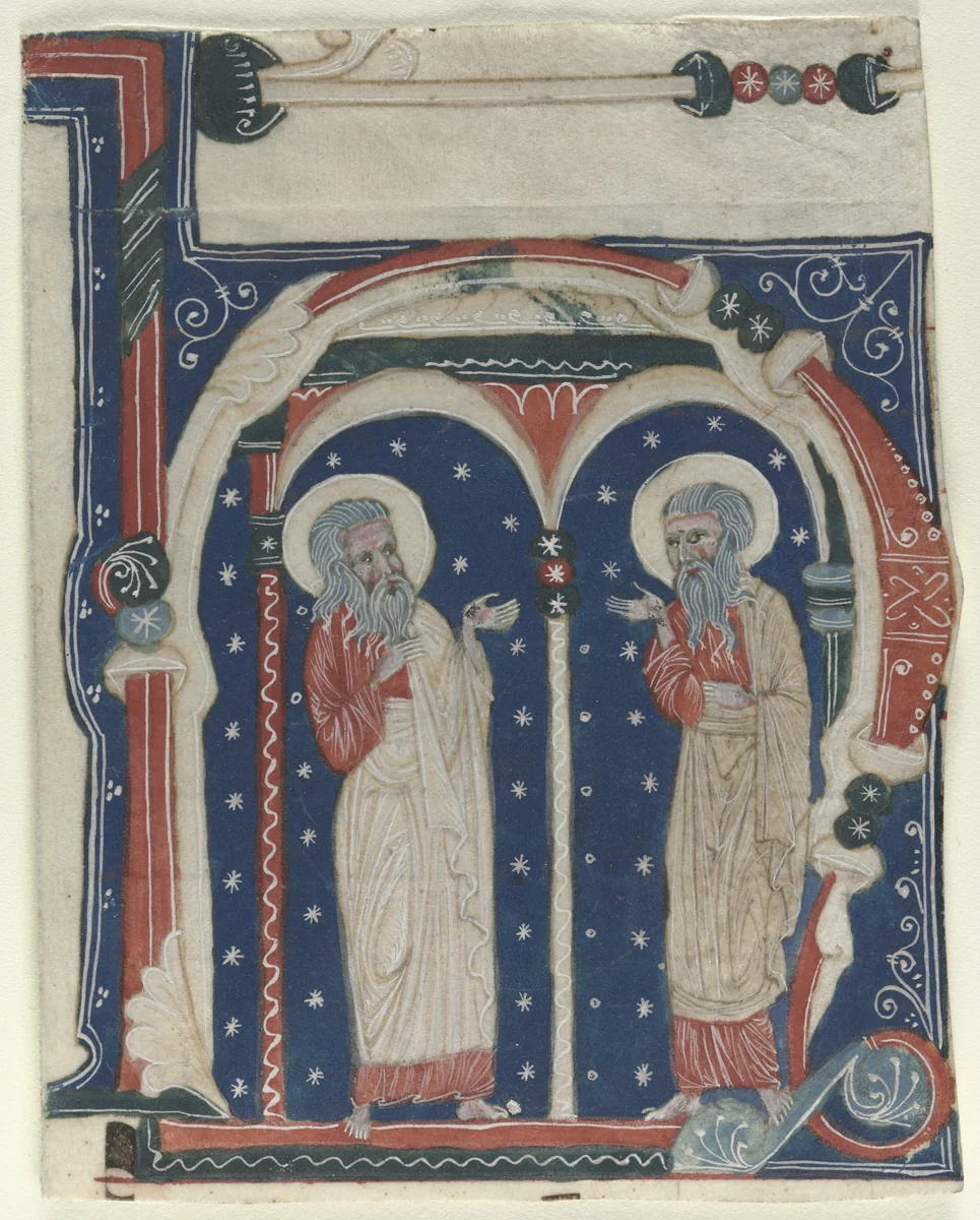 Historiated Initial (H) Excised from an Antiphonary: SS. Paul the Hermit and Anthony by Unknown, manuscript, 1200-1230