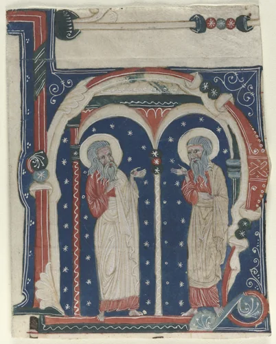 Historiated Initial (H) Excised from an Antiphonary: SS. Paul the Hermit and Anthony by Unknown, manuscript, 1200-1230