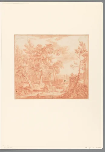 Arcadisch landschap met figuren en antieke ruïnes by Abraham Genoels, drawing, 1650-1723