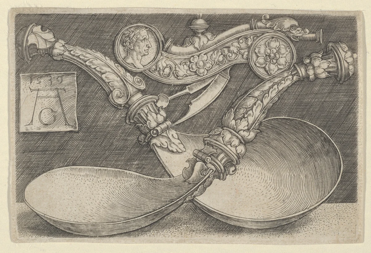 Design for Two Spoons and a Dog Whistle by Heinrich Aldegrever, print, 1539