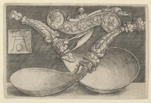 Design for Two Spoons and a Dog Whistle by Heinrich Aldegrever, print, 1539