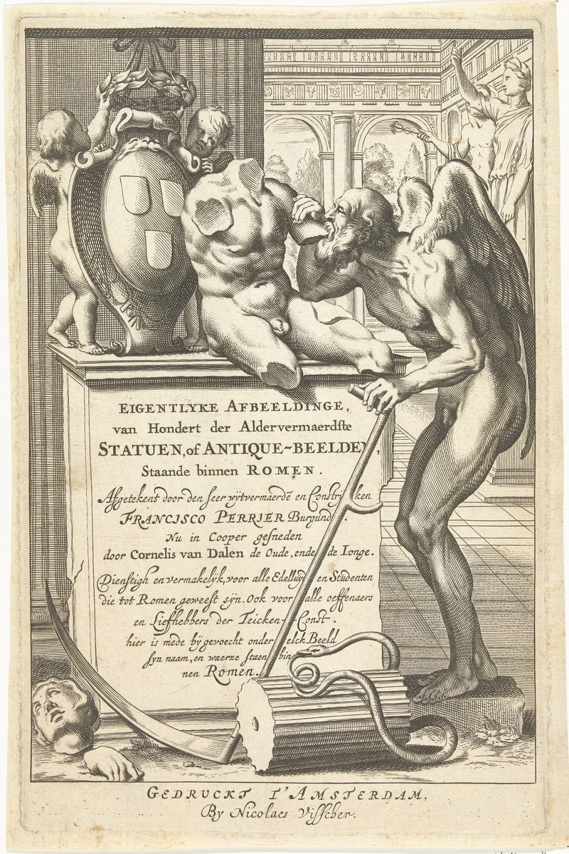 Vadertje Tijd met zeis staat bij fragmenten van Romeinse beelden by Cornelis van Dalen, print, 1648-1679