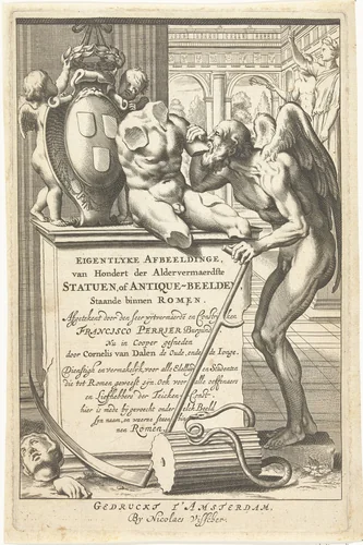 Vadertje Tijd met zeis staat bij fragmenten van Romeinse beelden by Cornelis van Dalen, print, 1648-1679