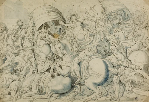 Battle before Troy by Luca Penni, drawing, 1520-1556