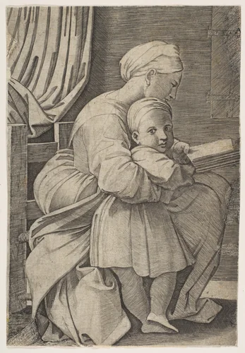 The Virgin in profile facing right reading to the infant Christ by Marco Dente, print, 1510-1532