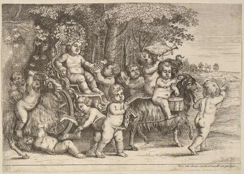 Eleven boys and three goats by Wenceslaus Hollar, print, 1646-1654
